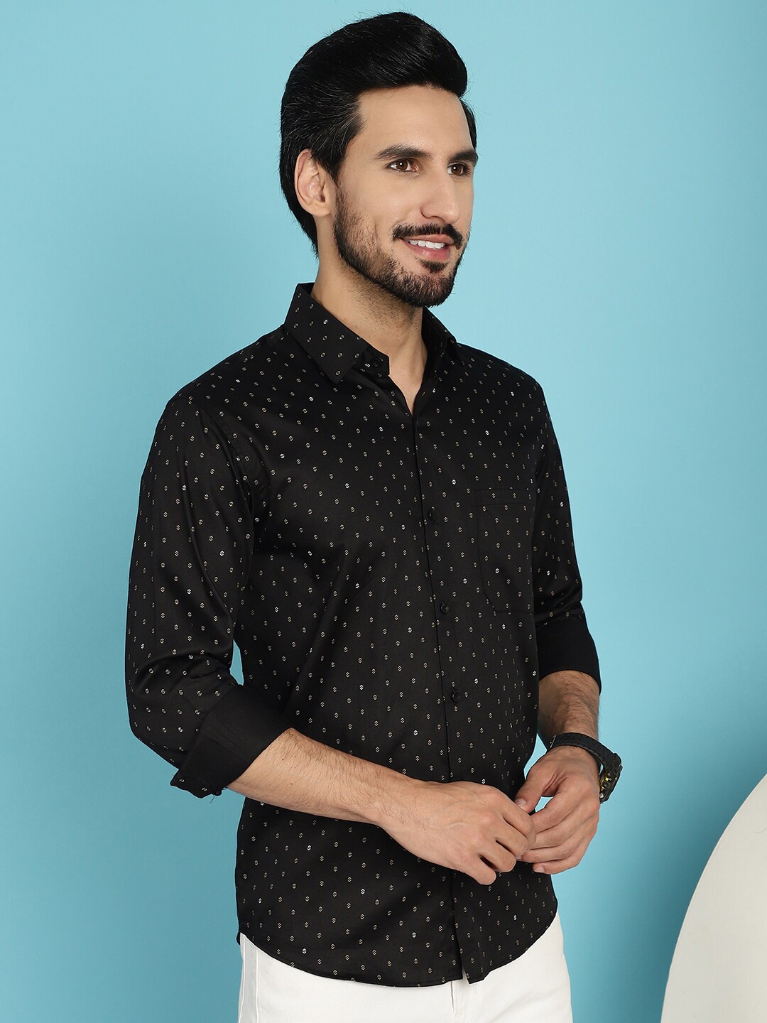 

JAINISH Classic Micro Ditsy Printed Pure Cotton Casual Shirt, Black