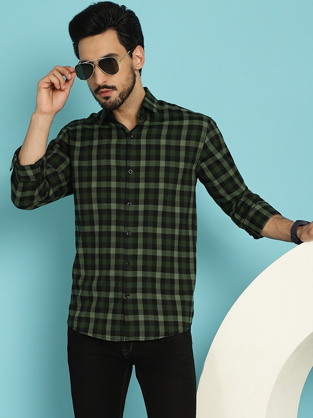 

JAINISH Classic Gingham Checks Pure Cotton Casual Shirt, Olive