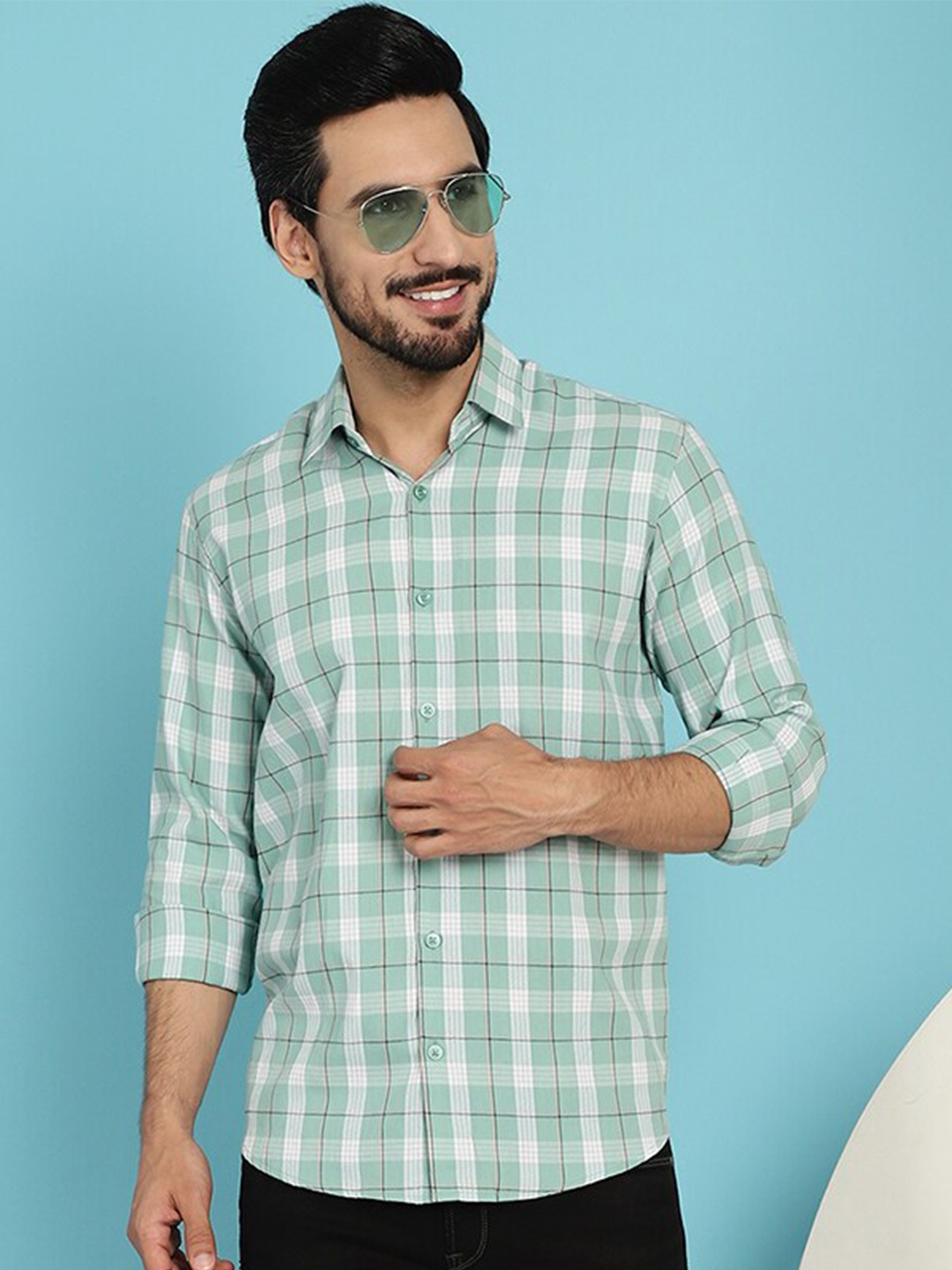 

JAINISH Classic Tartan Checked Pure Cotton Casual Shirt, Green