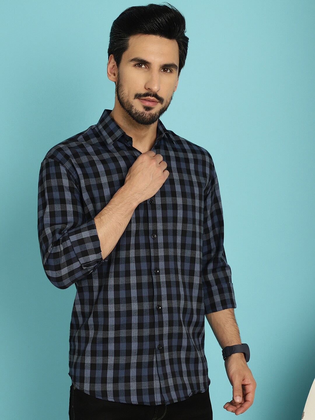 

JAINISH Classic Windowpane Checked Pure Cotton Casual Shirt, Blue