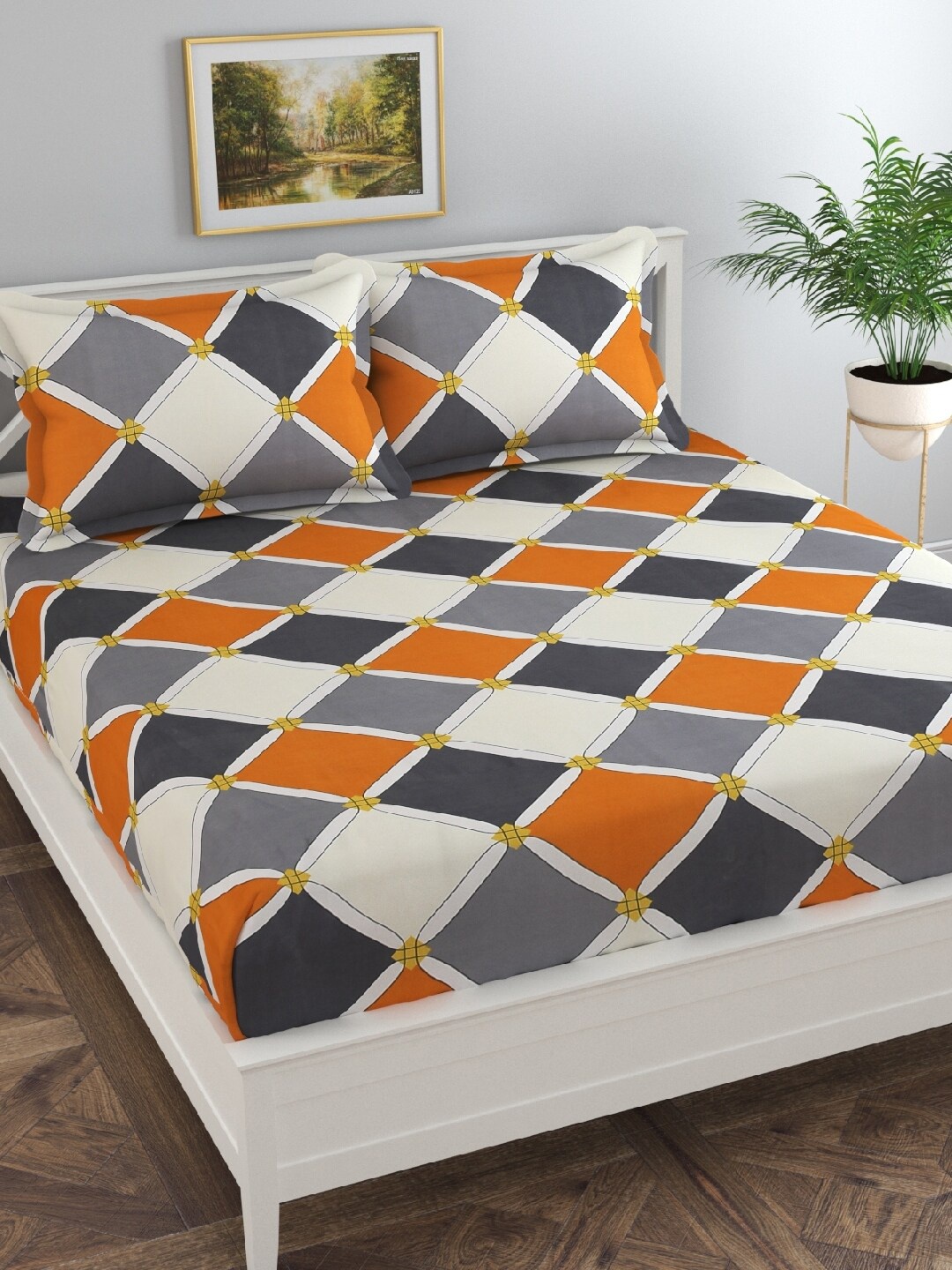 

dulce vida White Grey Geometric 130 TC Queen Bedsheet With 2 Pillow Covers
