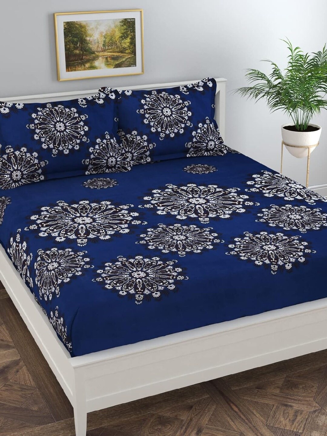 

dulce vida Navy Blue Ethnic Motifs 130 TC King Bedsheet With 2 Pillow Covers