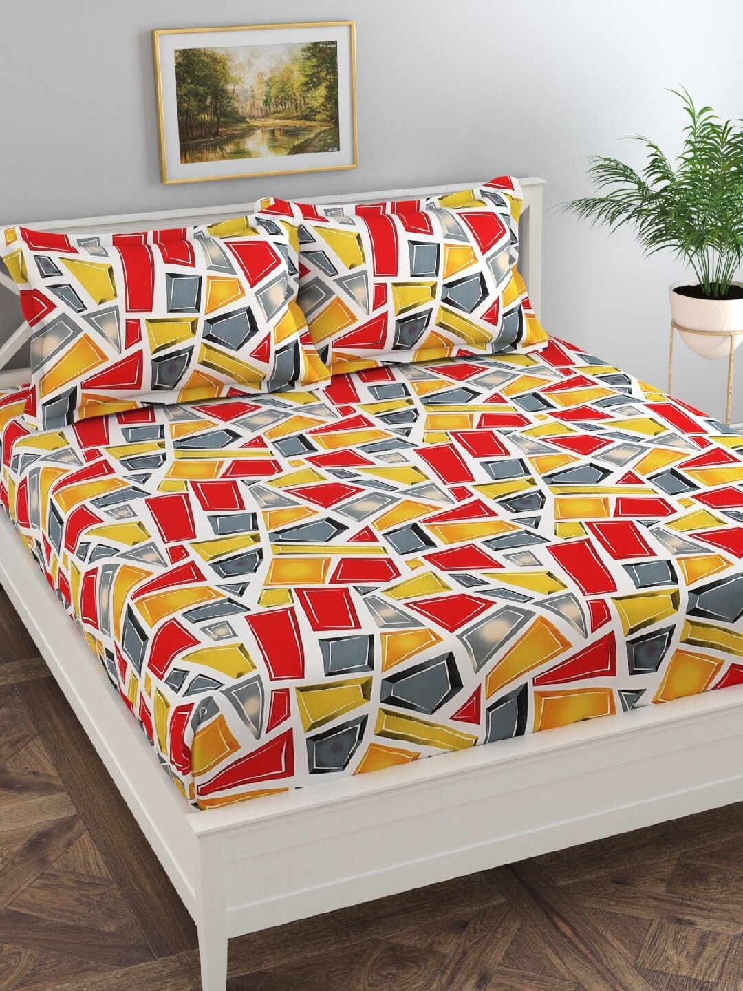 

dulce vida Red Yellow Geometric 130 TC Queen Bedsheet With 2 Pillow Covers