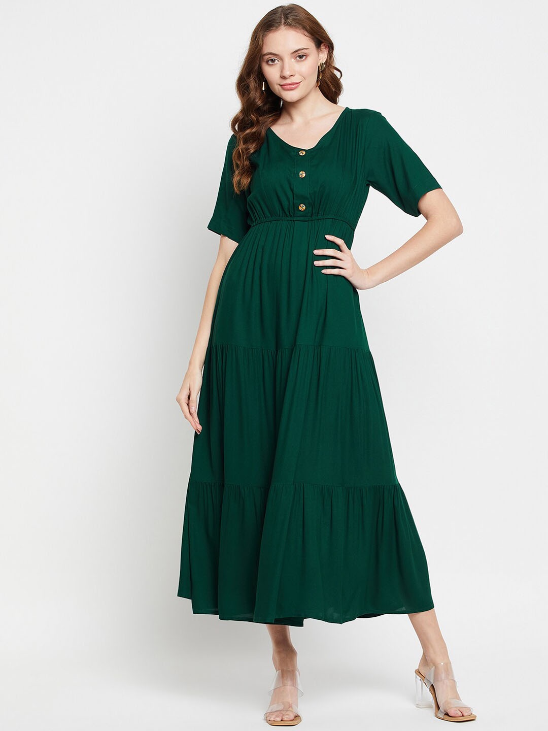 

NABIA V-Neck Tiered Fit & Flare Midi Dress, Green