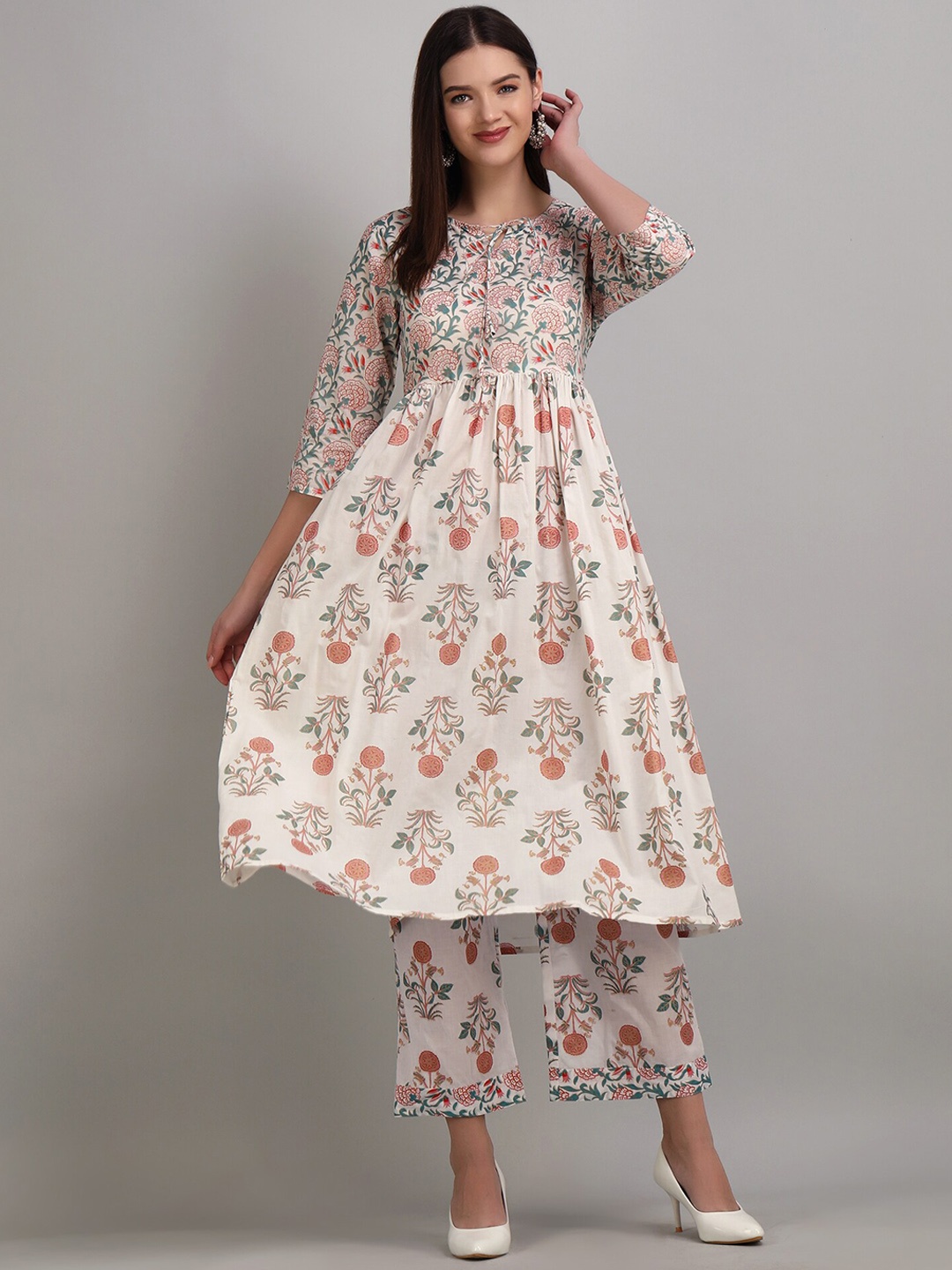 

MANKSH Floral Printed Tie-Up Neck Pleated A-Line Kurta with Trouser, White