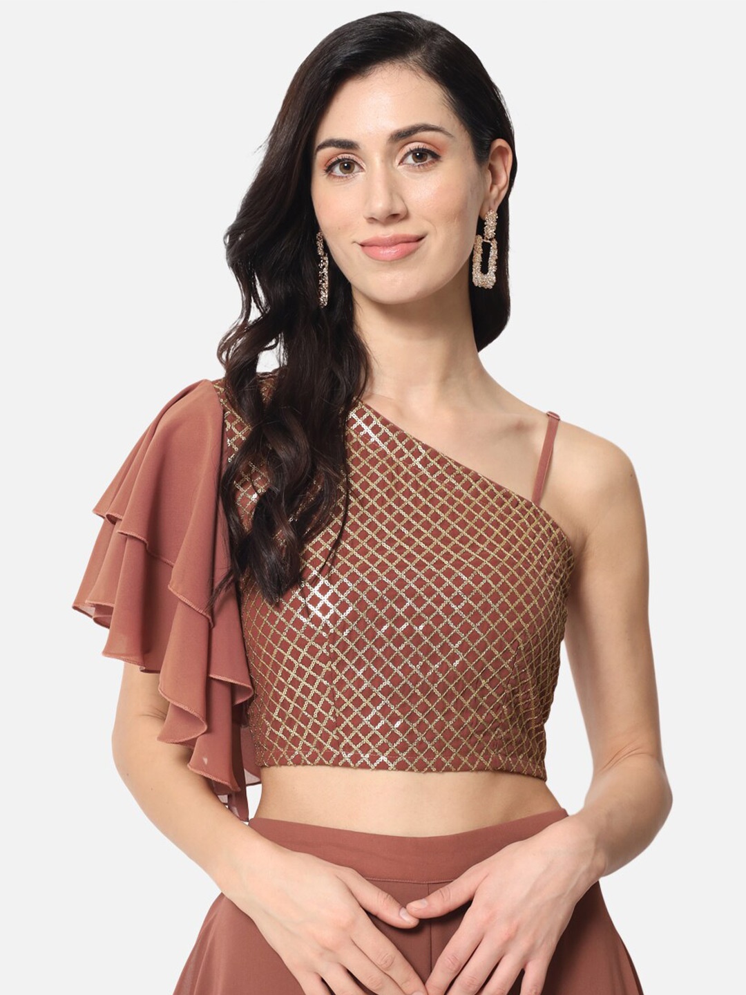 

BAESD Embellished One Shoulder Flutter Sleeves Georgette Crop Top, Brown
