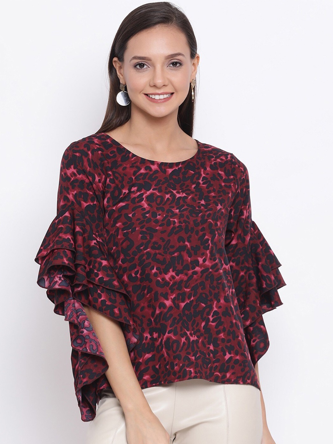 

BAESD Animal Printed Flared Sleeves Top, Maroon