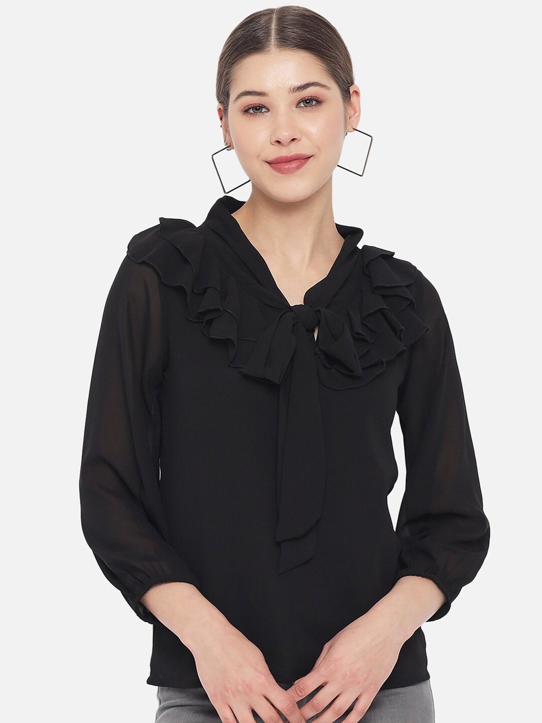 

BAESD Tie-Up Neck Ruffled Top, Black