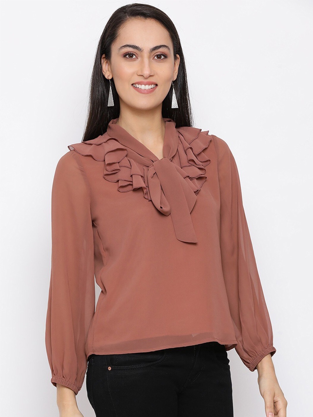 

BAESD Tie-Up Neck Cuffed Sleeves Ruffles Detail Georgette Top, Brown