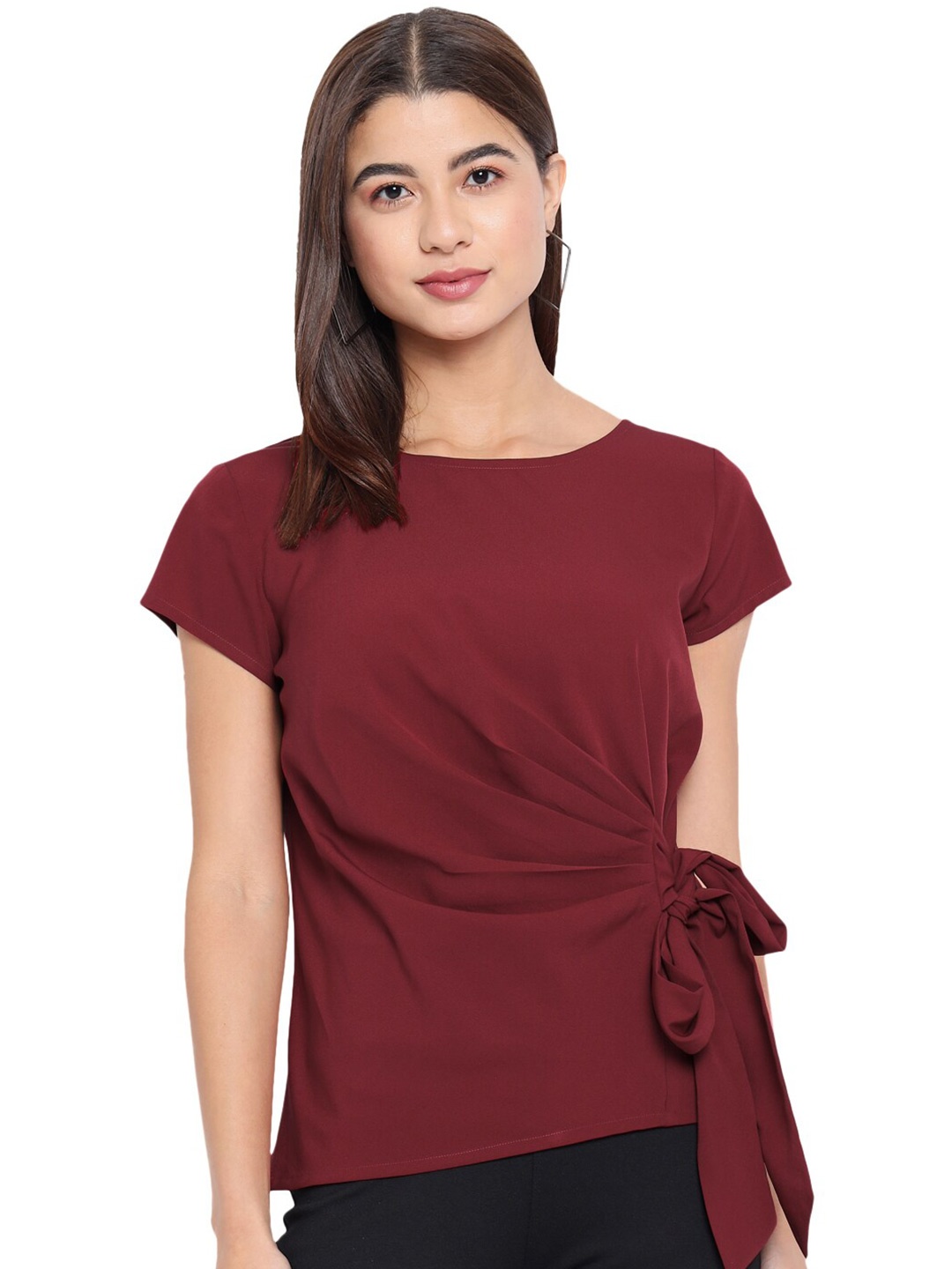 

BAESD Tie-Up Detail Round Neck Top, Maroon