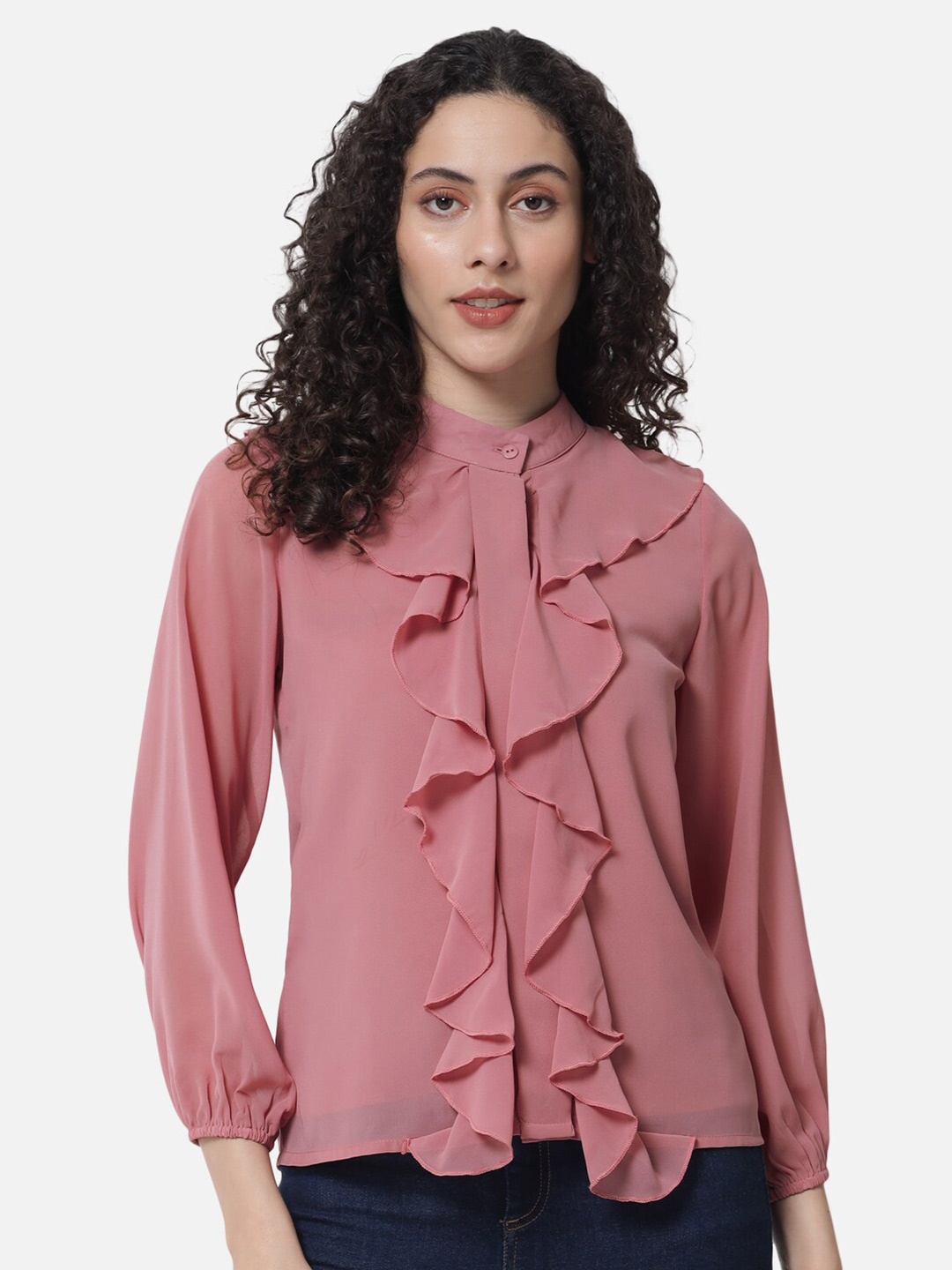 

BAESD Band Collar Ruffles Shirt Style Top, Pink