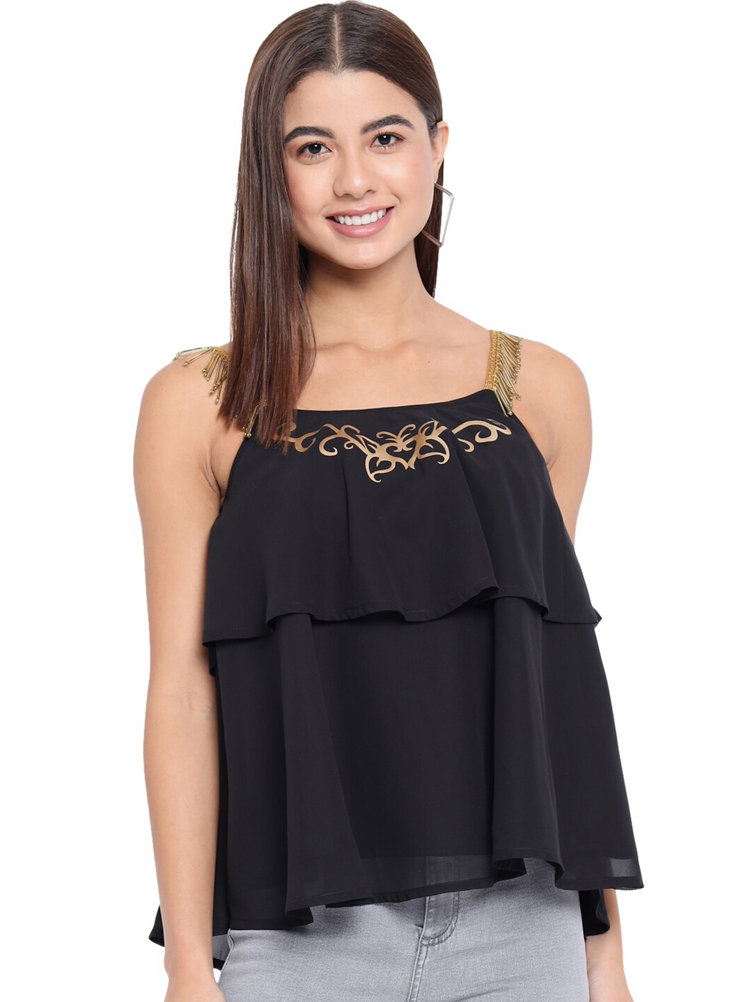 

BAESD Embellished Shoulder Straps Georgette Tiered Top, Black