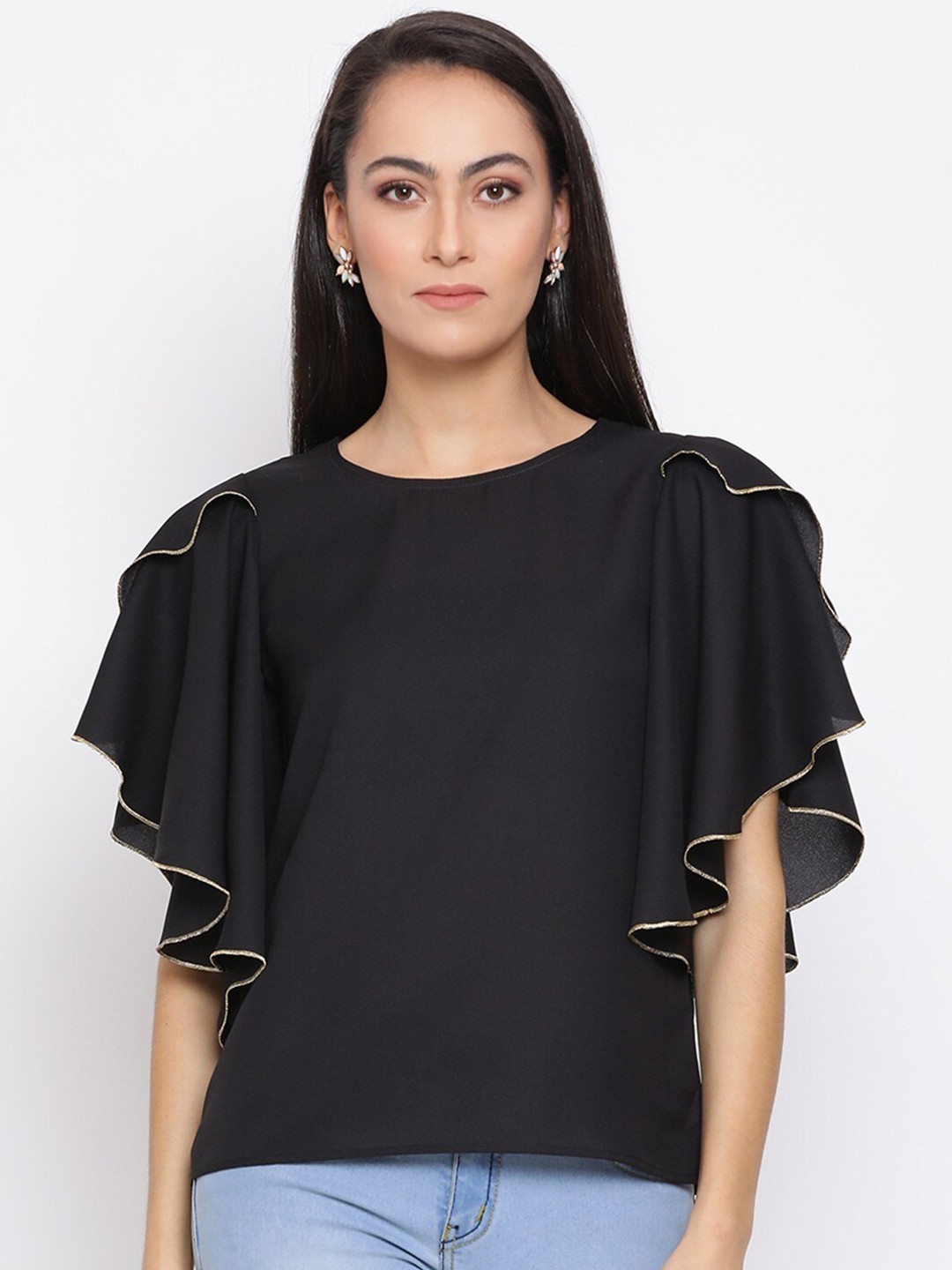 

BAESD Round Neck Flutter Sleeves Top, Black