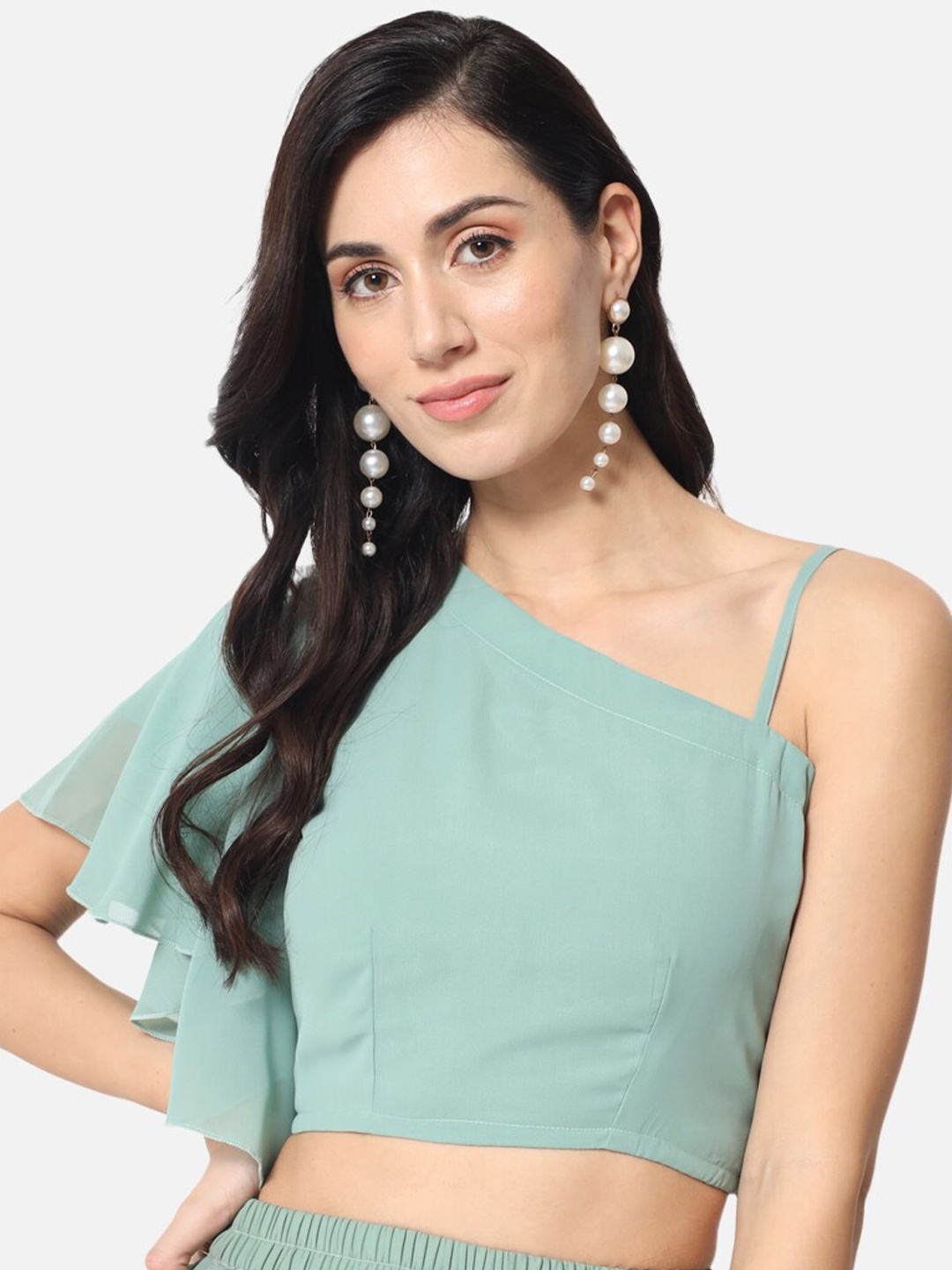 

BAESD One Shoulder Flared Sleeves Georgette Crop Top, Green