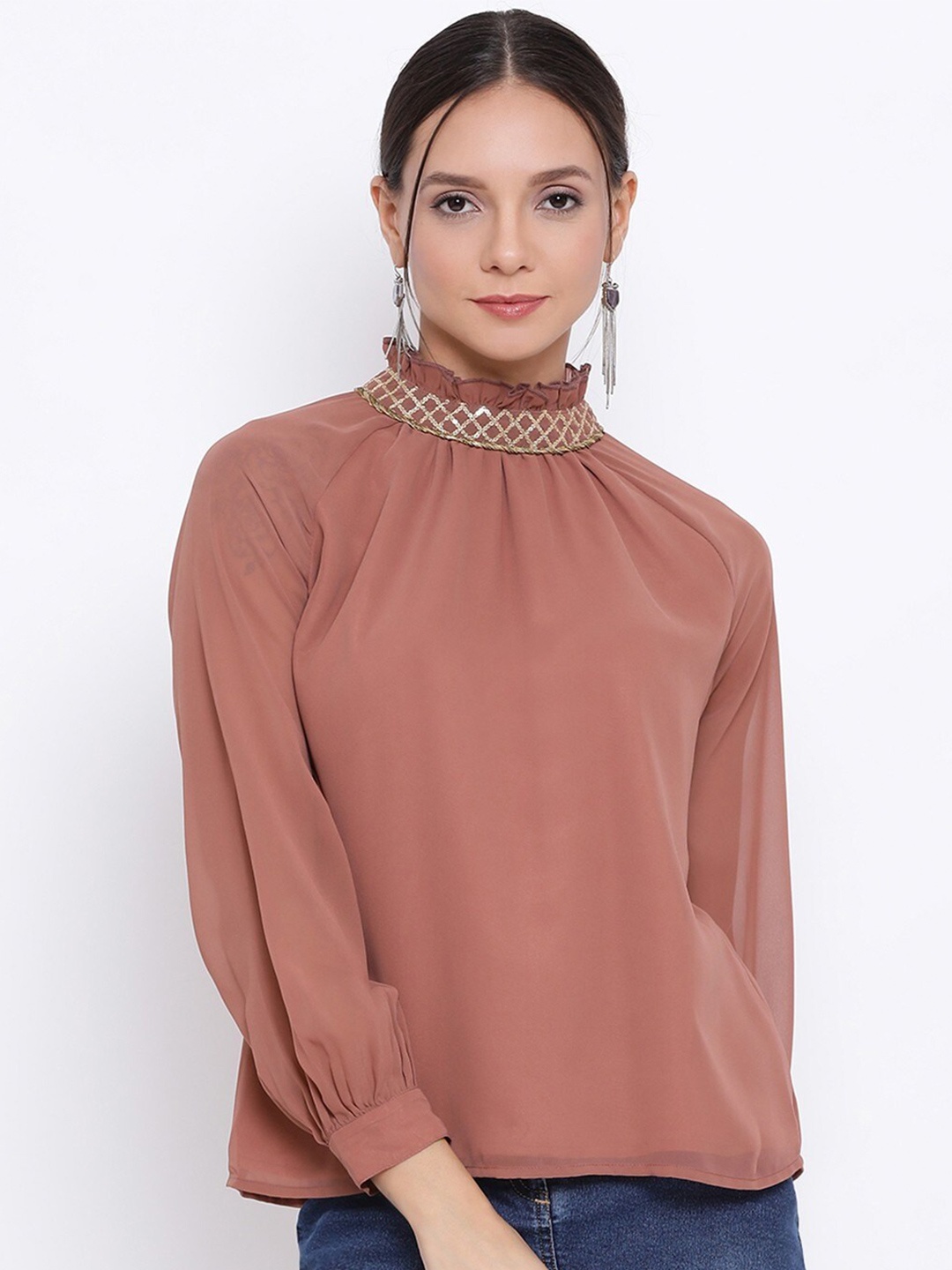 

BAESD Sequinned Embellished High Neck Cuffed Sleeves Top, Brown