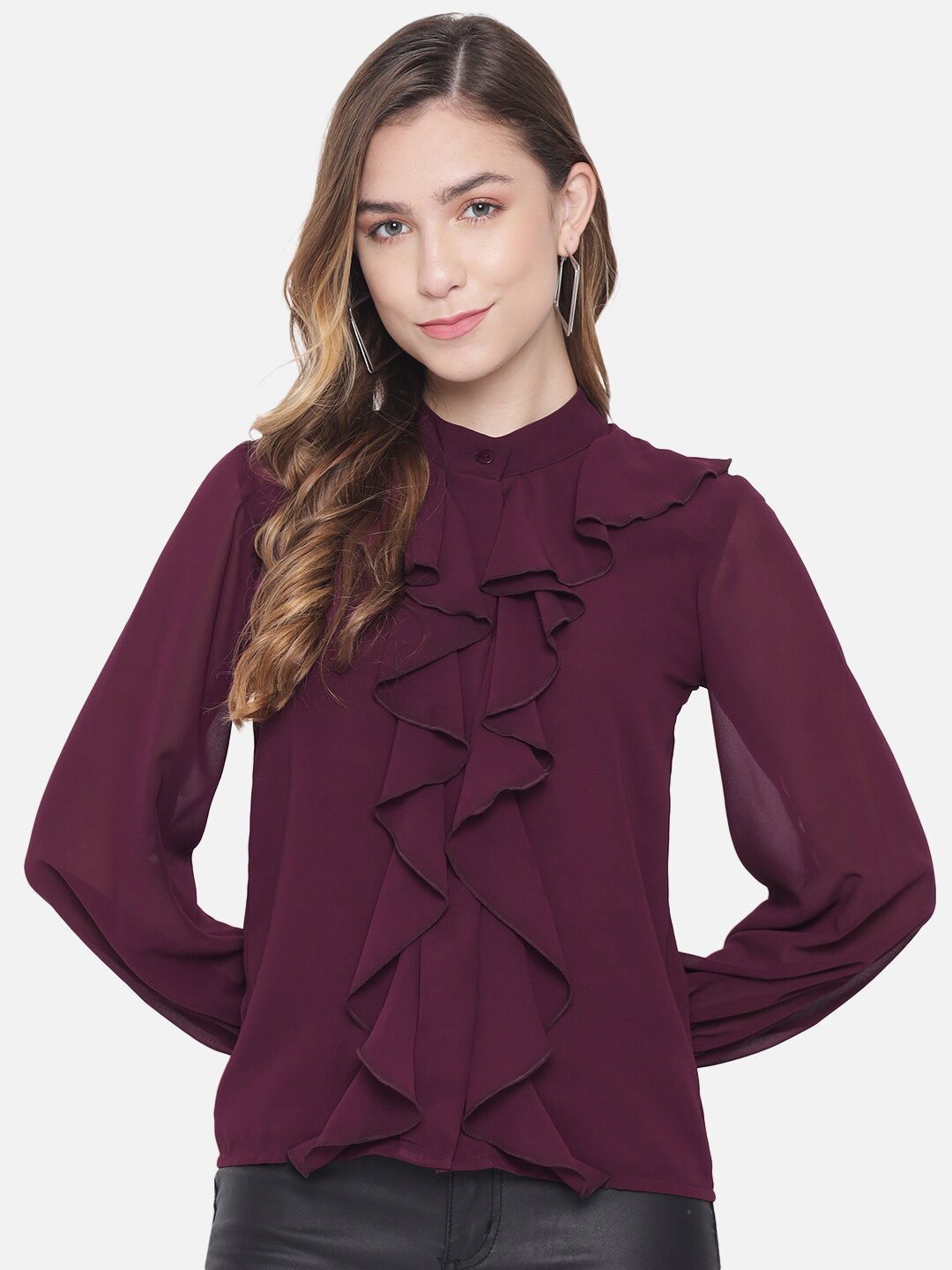 

BAESD Mandarin Collar Cuffed Sleeves Ruffles Georgette Top, Purple