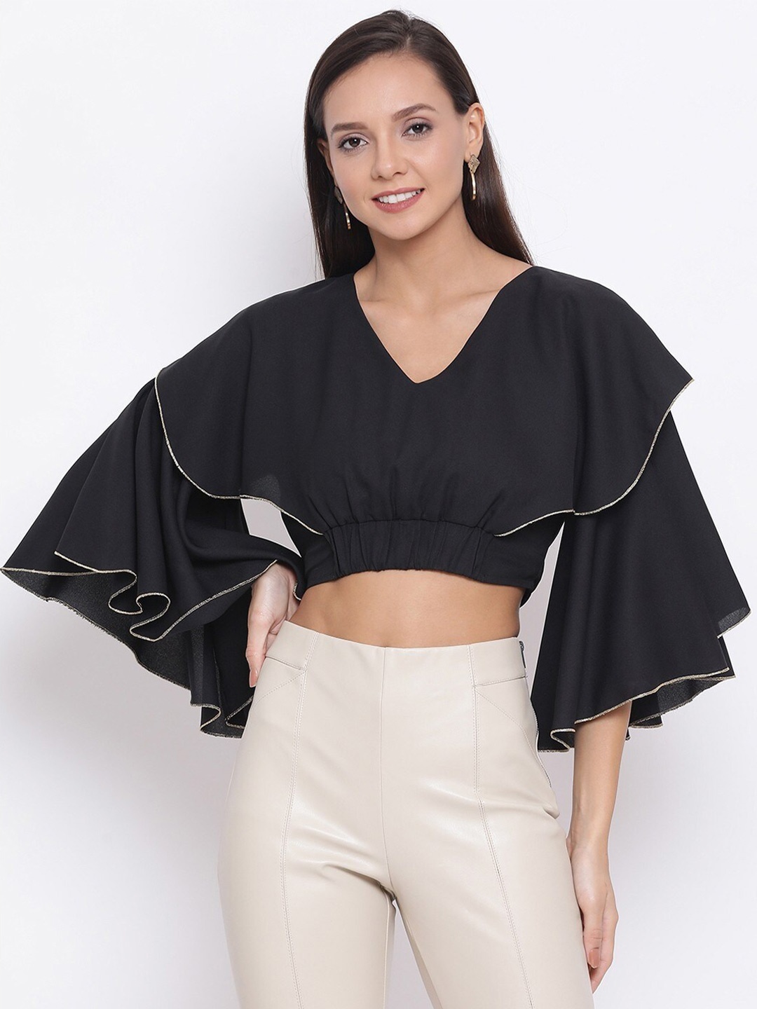

BAESD V-Neck Flared Sleeves Crop Top, Black
