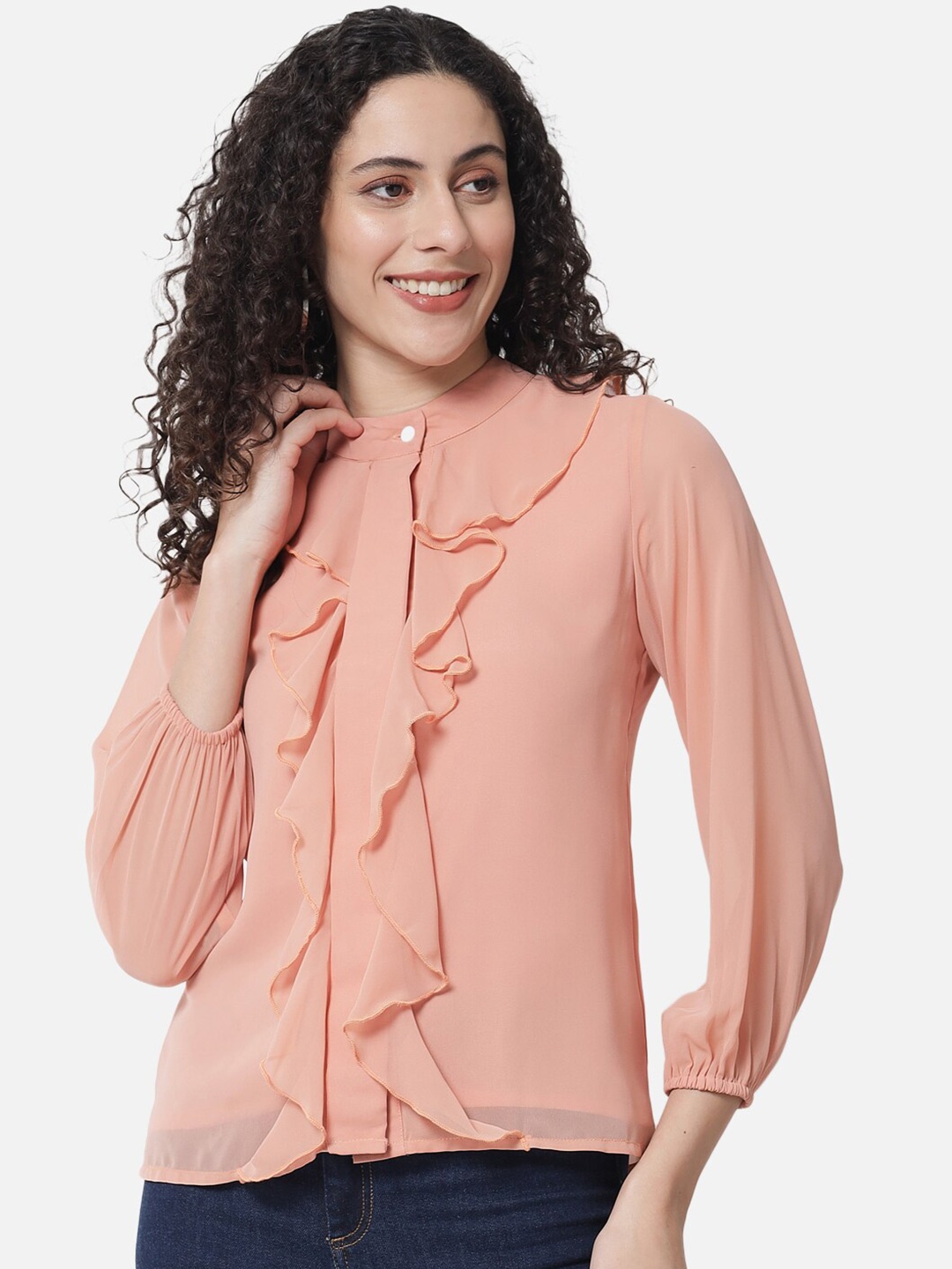 

BAESD Mandarin Collar Cuffed Sleeves Ruffles Georgette Top, Peach