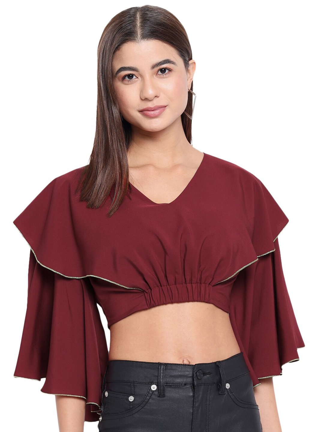 

BAESD V-Neck Flared Sleeves Crop Top, Red