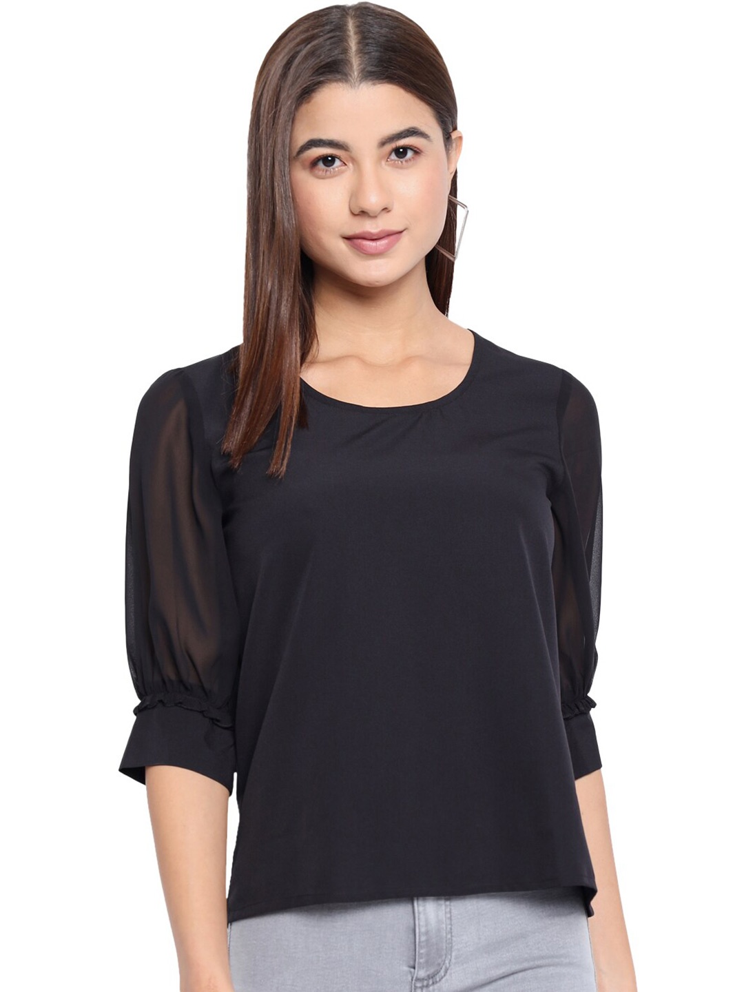 

BAESD Round Neck Cuffed Sleeves Top, Black