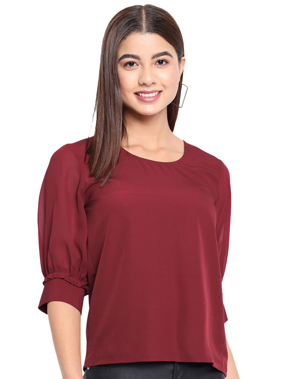

BAESD Round Neck Cuffed Sleeves Top, Maroon