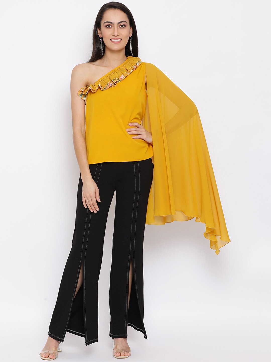

BAESD One Shoulder Ruffles Slit Sleeves Top, Yellow
