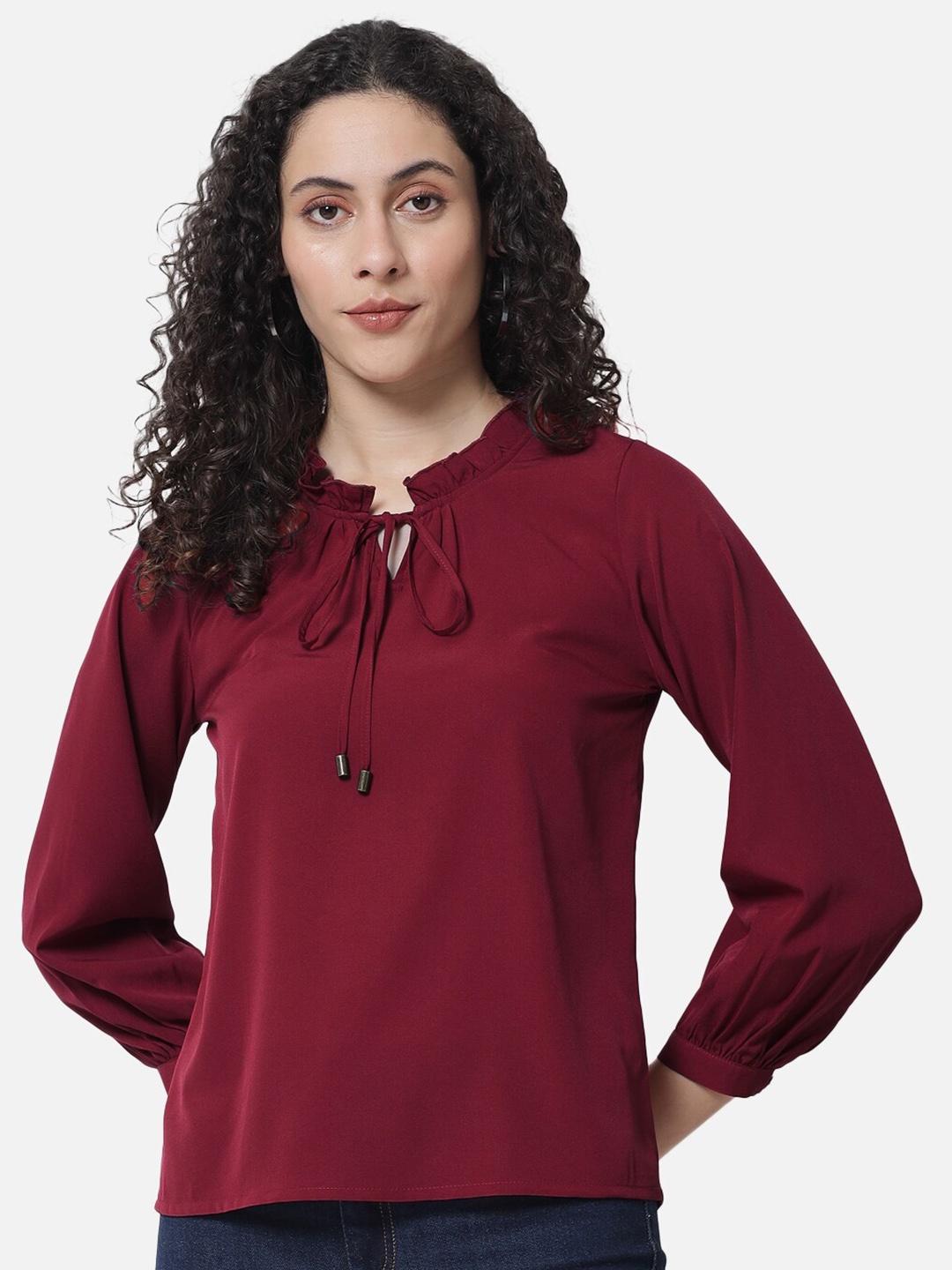 

BAESD Tie-Up Neck Cuffed Sleeves Top, Red