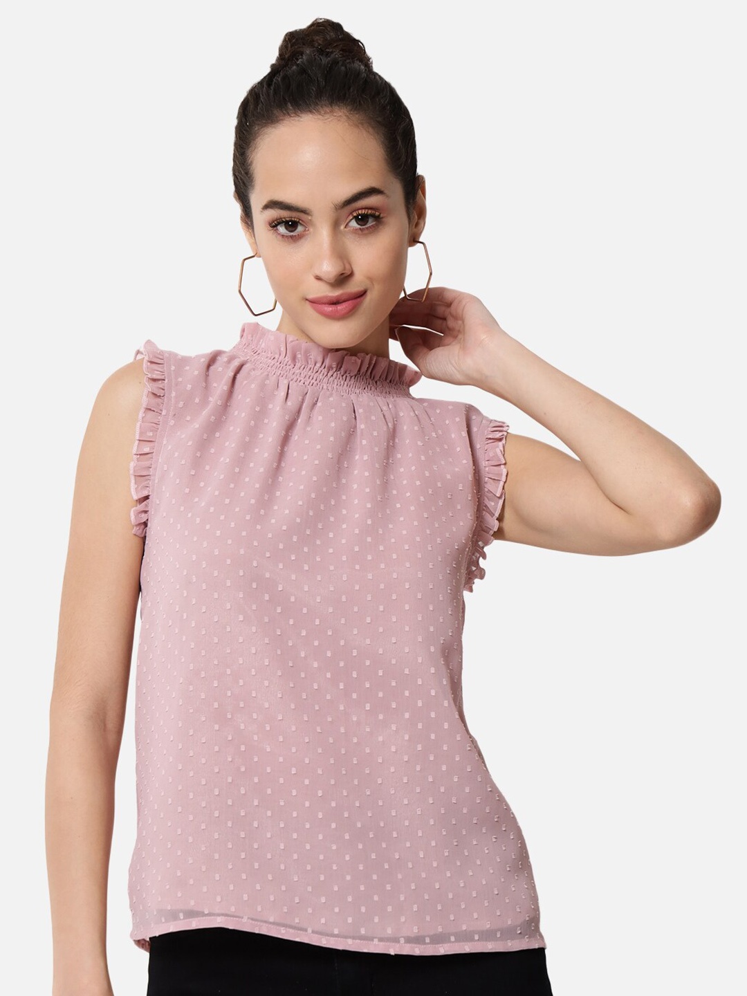 

BAESD Self Design High Neck Sleeveless Ruffles Detail Georgette Top, Pink