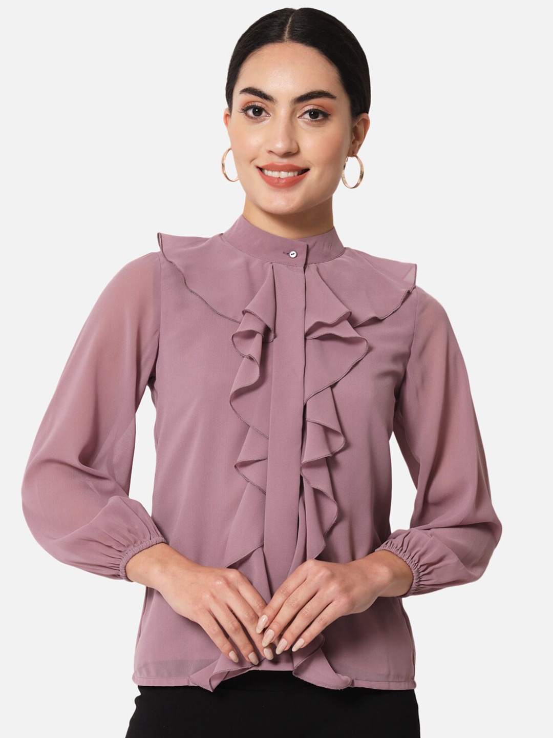 

BAESD Band Collar Ruffles Shirt Style Top, Purple