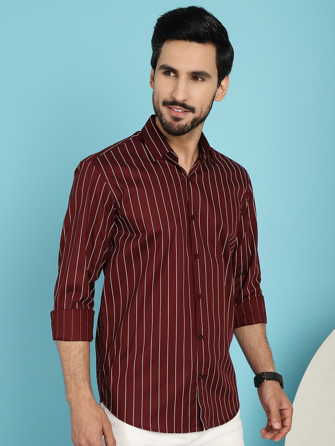 

JAINISH Classic Vertical Stripes Pure Cotton Casual Shirt, Maroon