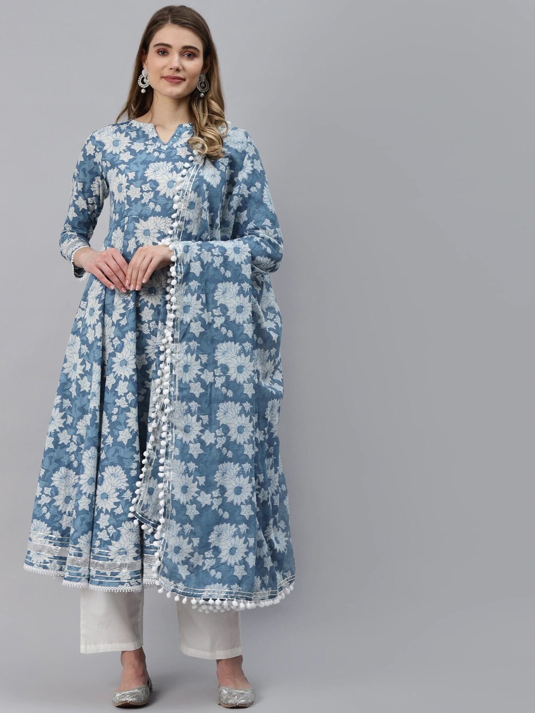 

KALINI Floral Printed Anarkali Pure Cotton Kurta With Trousers & Dupatta, Blue