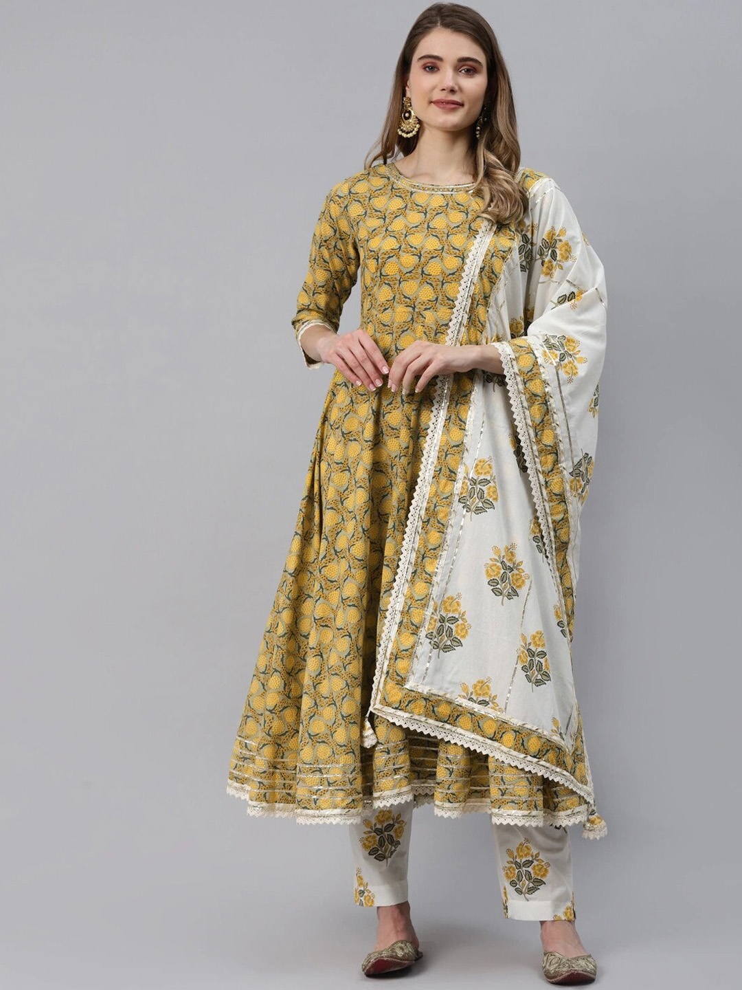 

KALINI Floral Printed Gotta Patti Pure Cotton Anarkali Kurta With Trousers & Dupatta, Mustard