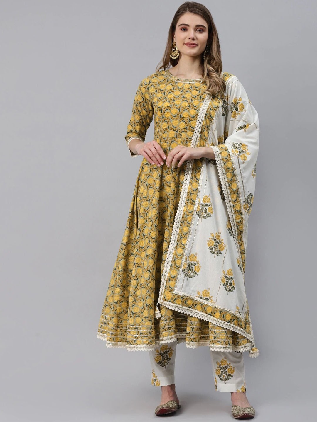 

KALINI Floral Printed Regular Gotta Patti Pure Cotton Kurta With Trousers & Dupatta, Mustard