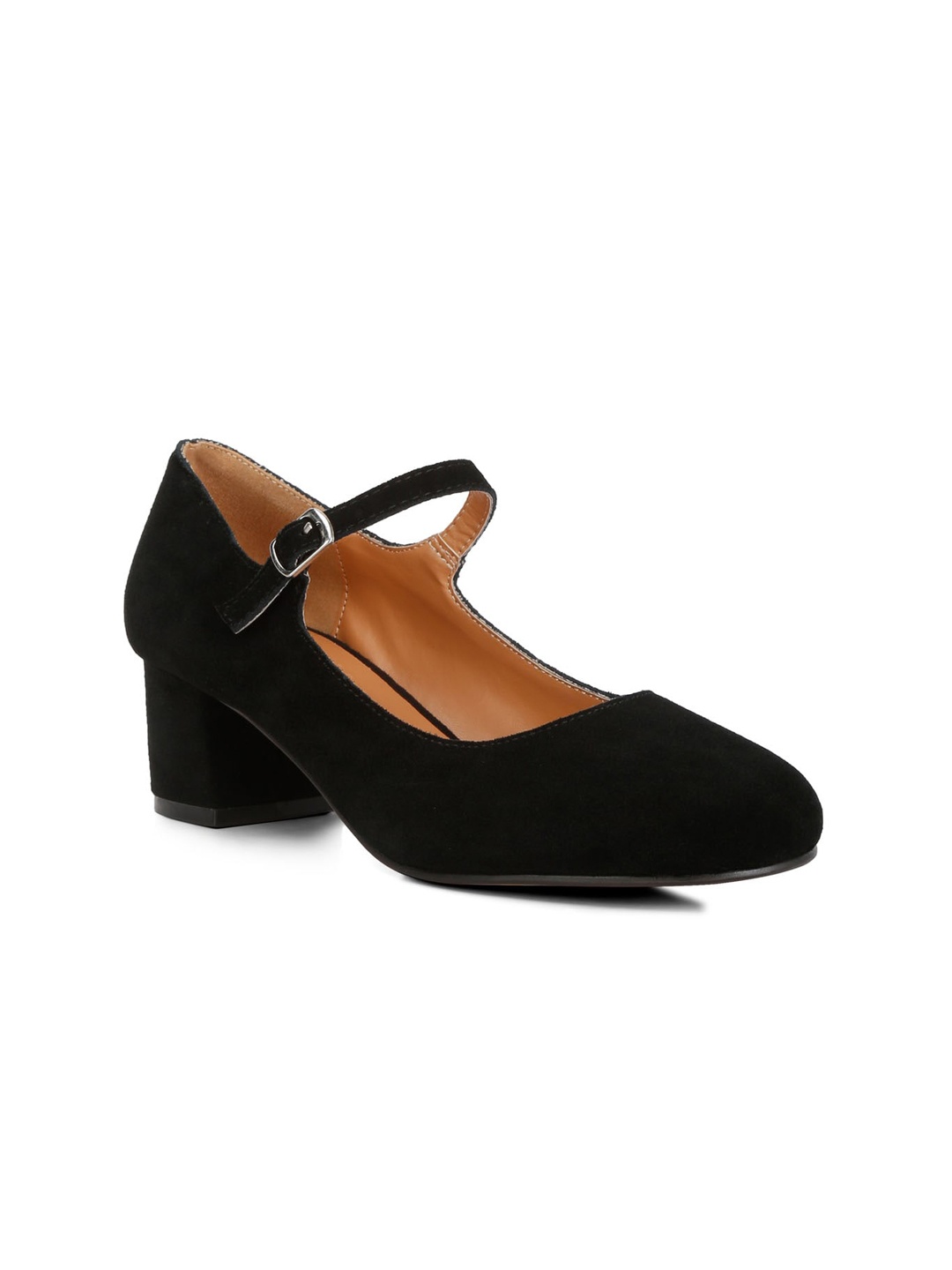 

RAG & CO Round Toe Suede Block Pumps With Buckle, Black