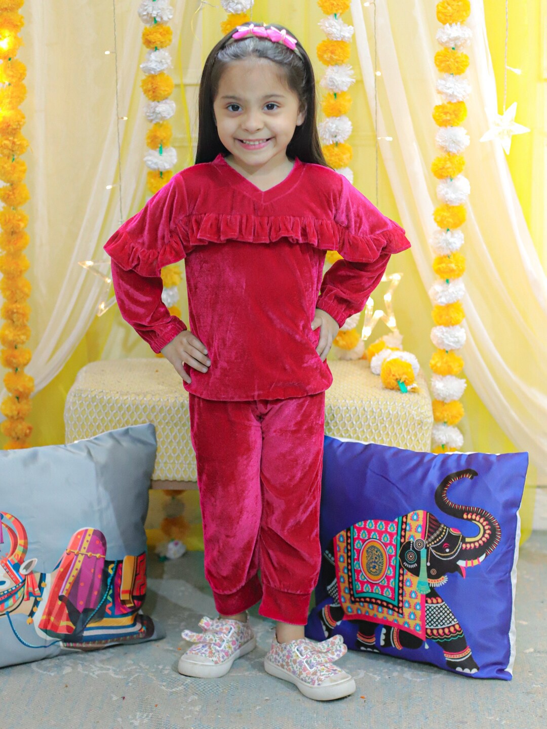 

BownBee Girls Long Sleeves Velvet Ruffled Top & Jogger, Pink