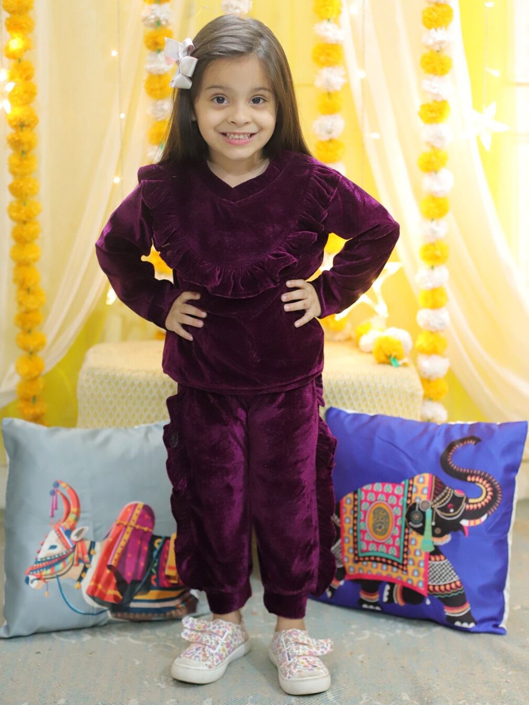 

BownBee Girls Long Sleeves Velvet Ruffled Top & Jogger, Purple