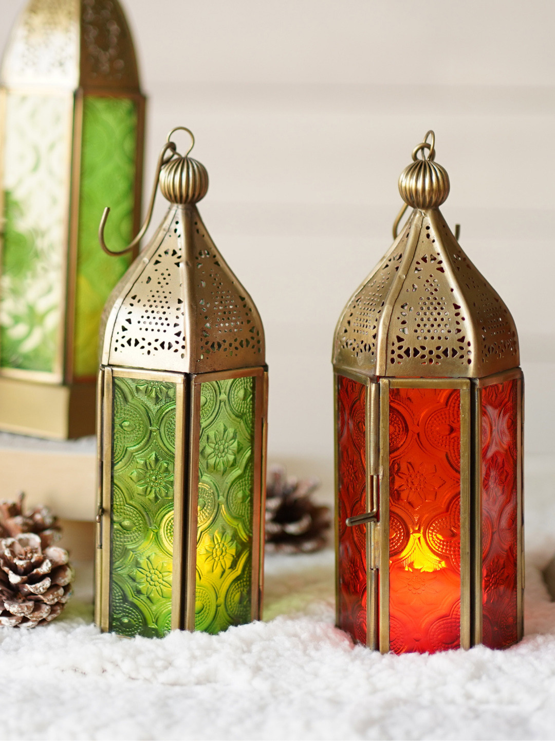 

BEHOMA Set Of 2 Orange Colored & Green Metal Boho Style Mesh Lantern