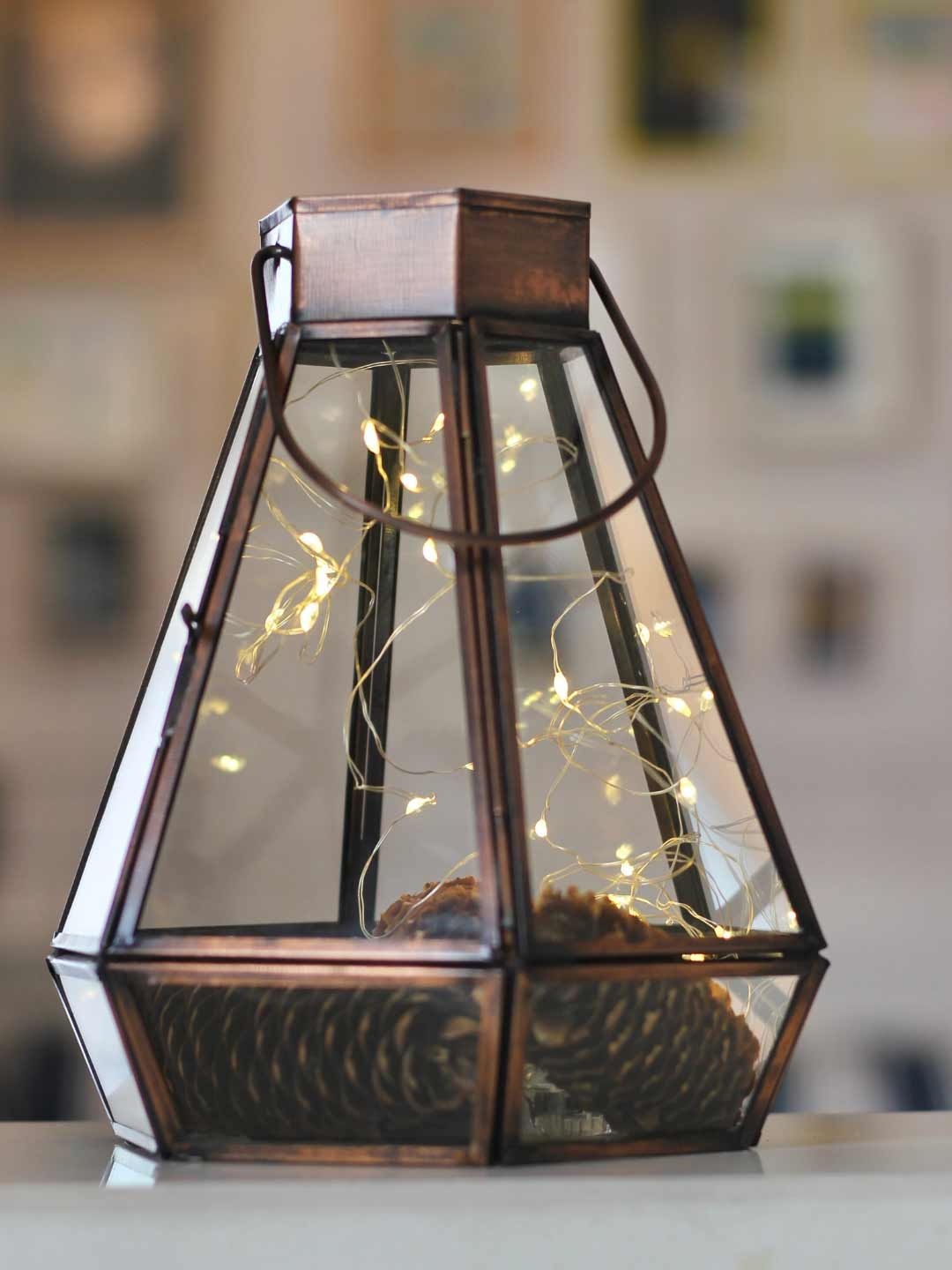 

BEHOMA Brown Geometric Hanging Candle Holder Lantern, Copper