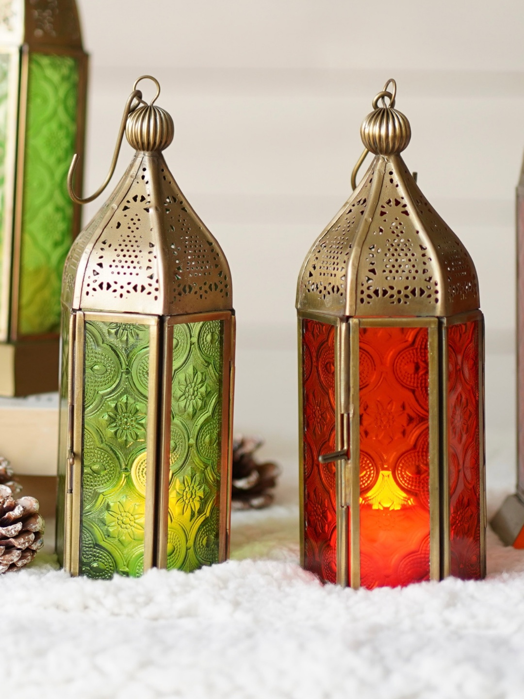 

BEHOMA 2 Pcs Orange Colored & Green Metal & Glass Drop Hanging Lanterns