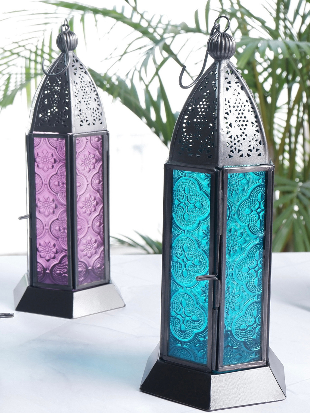

BEHOMA 2 Pcs blue & Purple Metal & Glass Drop Hanging Lanterns