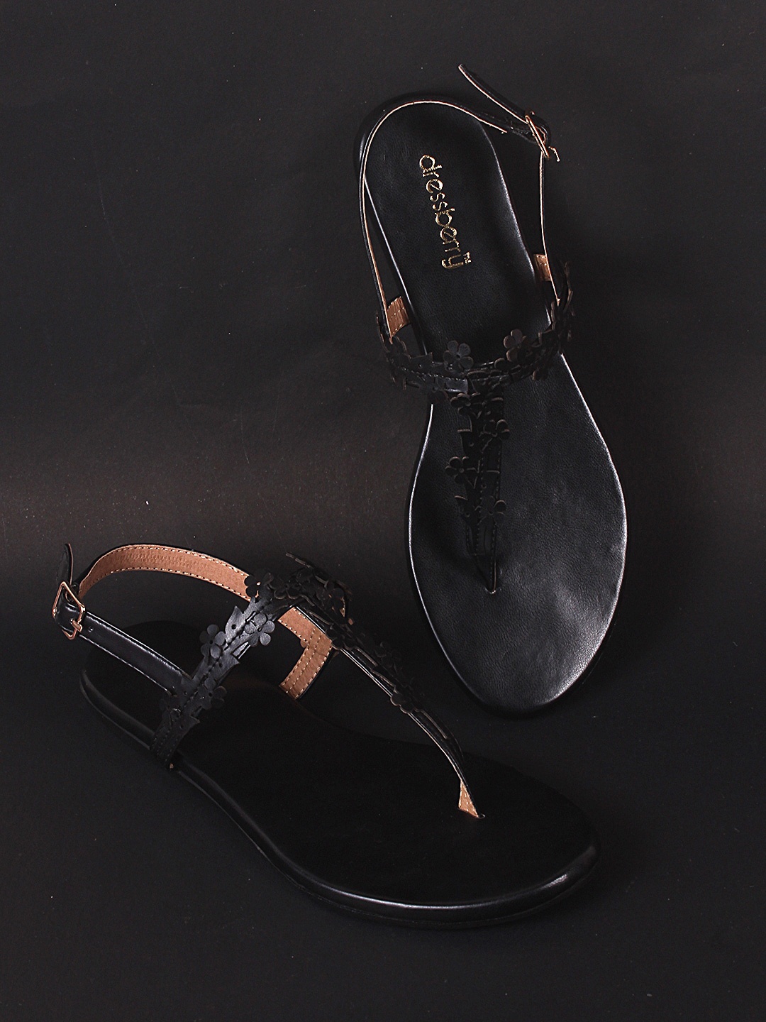 

DressBerry Black Floral Textured T-Strap Flats With Buckle Detail