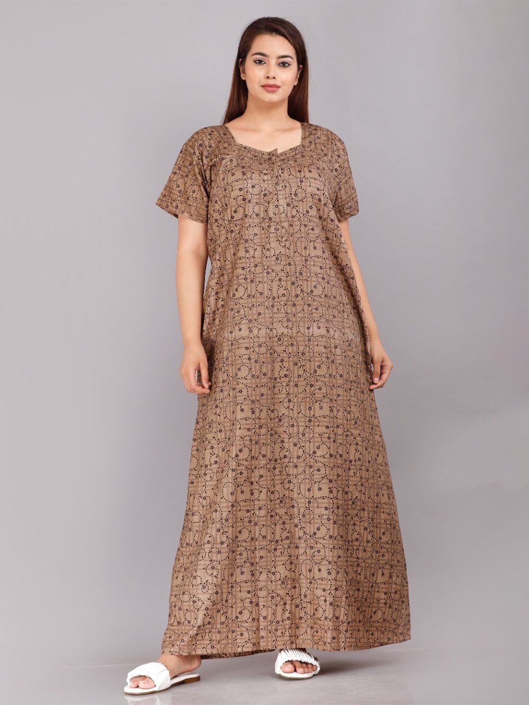 

JVSP FASHION Ethnic Motifs Printed Square NeckMaxi Nightdress, Brown