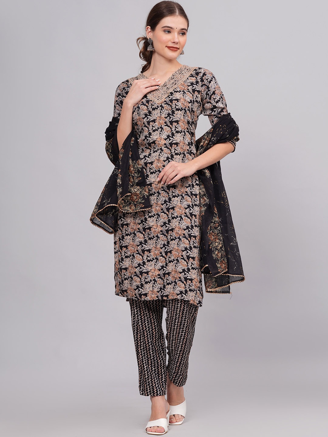 

KALINI Floral Printed Gotta Patti Kurta With Trousers & Dupatta, Black