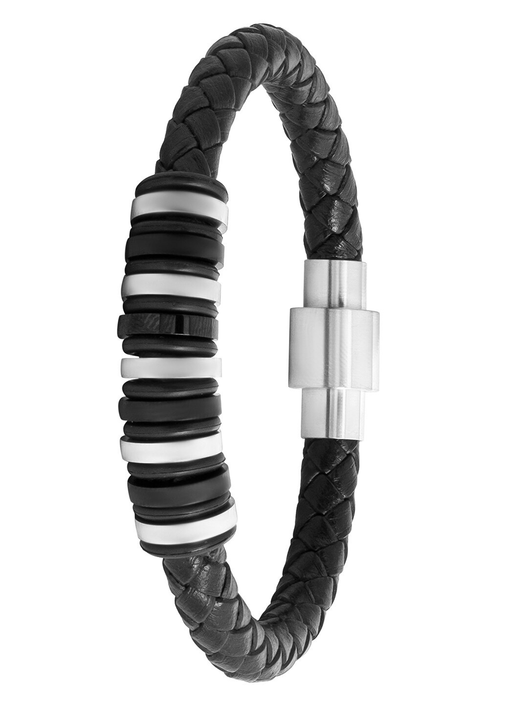 

bodha Men Braided Design Stainless Steel Leather Wraparound Bracelet, Silver