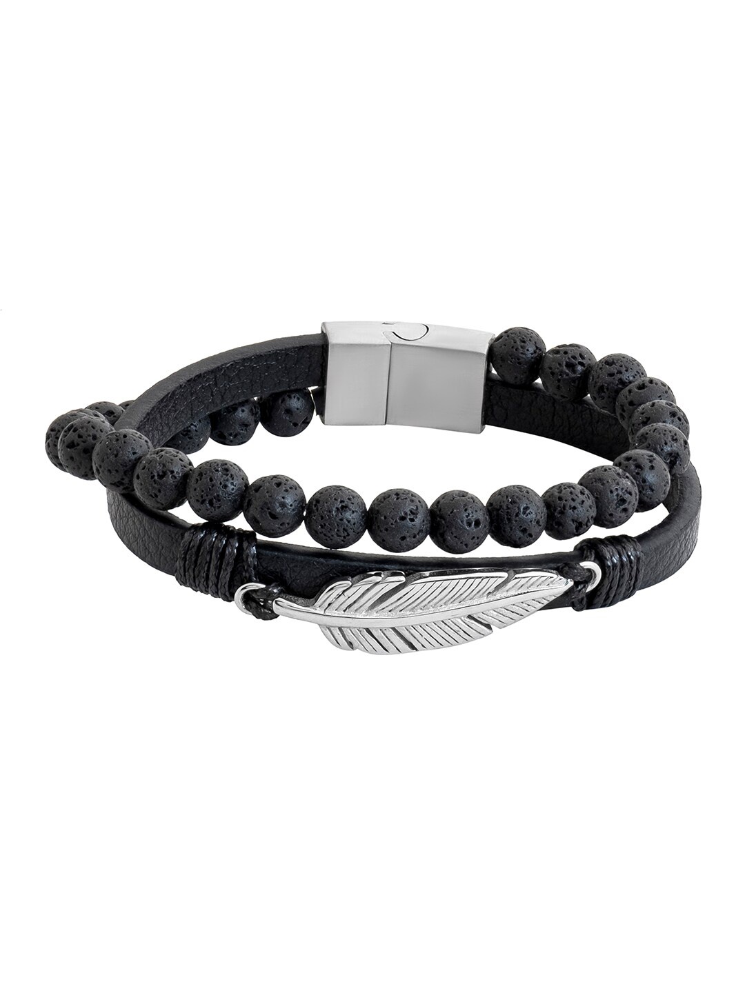 

bodha Men Leather Silver-Plated Wraparound Bracelet, Black