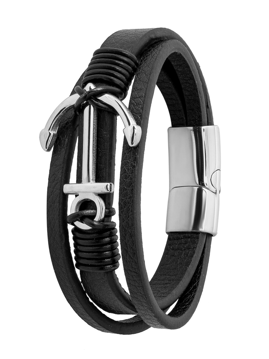 

bodha Men Silver-Plated Stainless Steel Textured Leather Wraparound Bracelet, Black