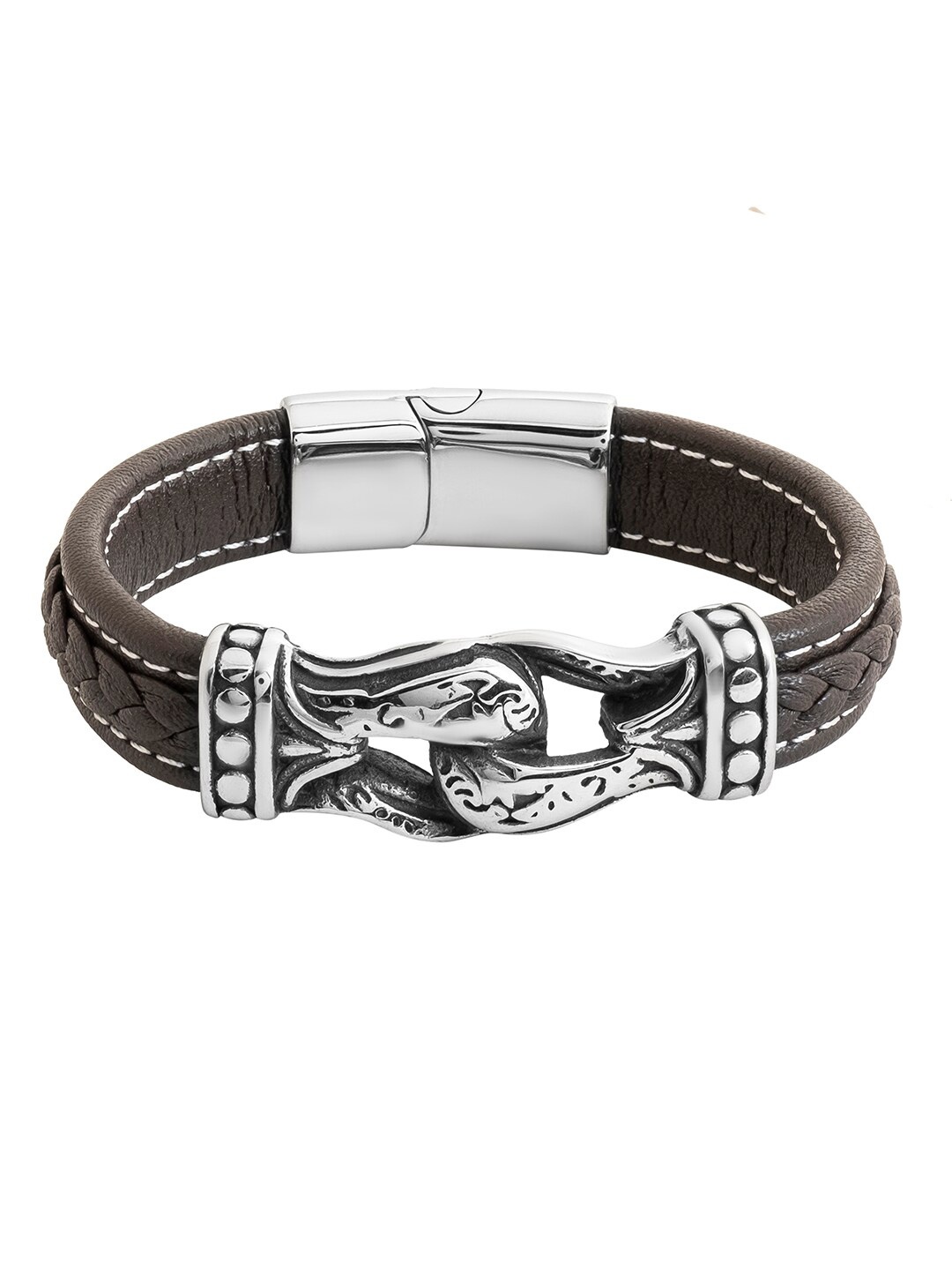 

bodha Men Silver-Plated Leather Bangle-Style Bracelet, Brown