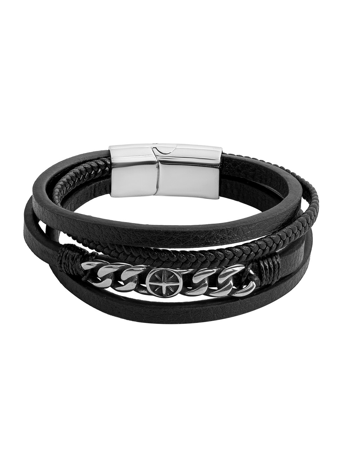 

bodha Men Braided Design Stainless Steel Leather Wraparound Bracelet, Silver
