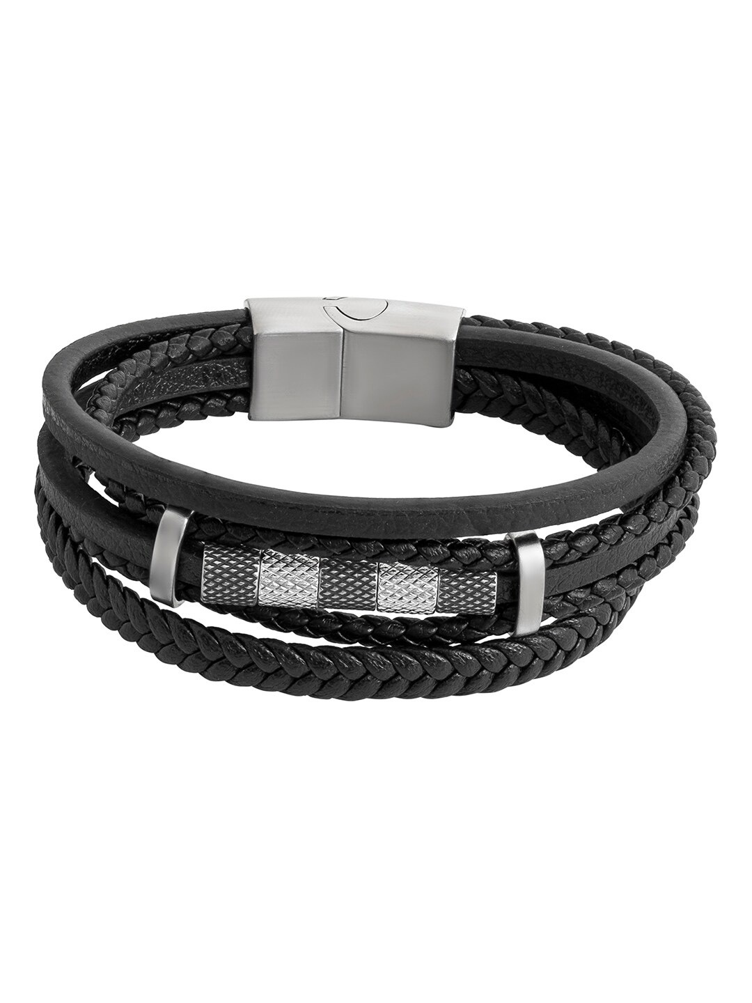 

bodha Men Leather Silver-Plated Multistrand Bracelet