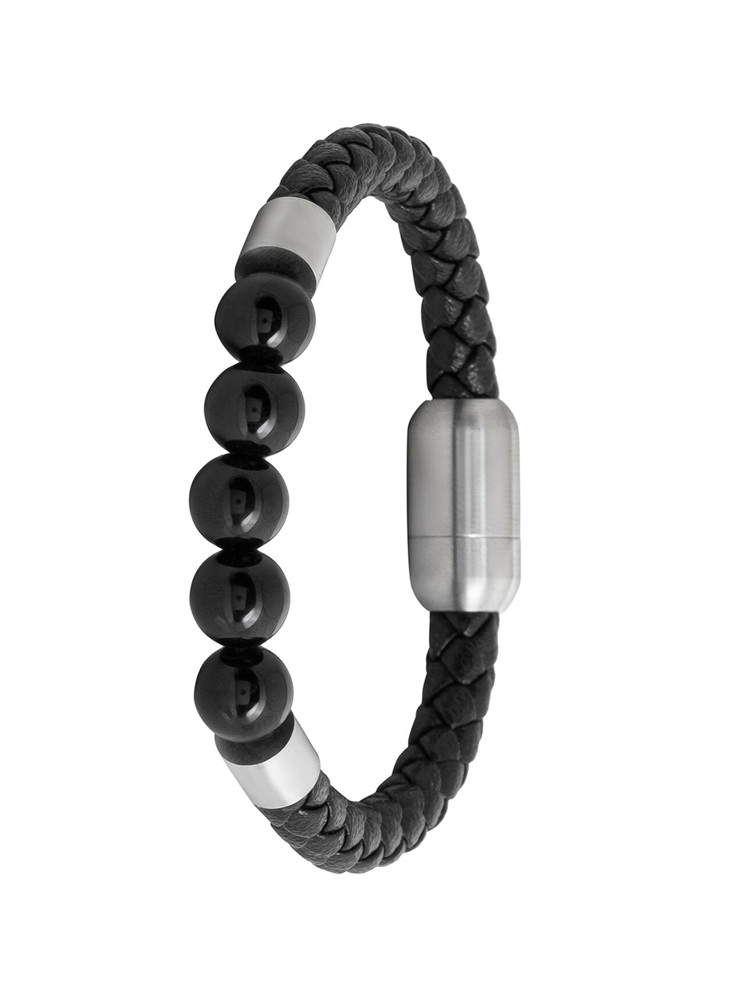 

bodha Men Silver-Plated Beaded Leather Bangle-Style Bracelet, Black